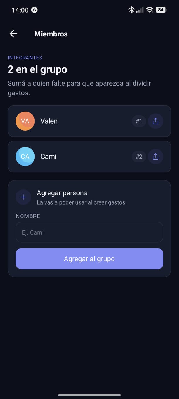 Pantalla de miembros del grupo