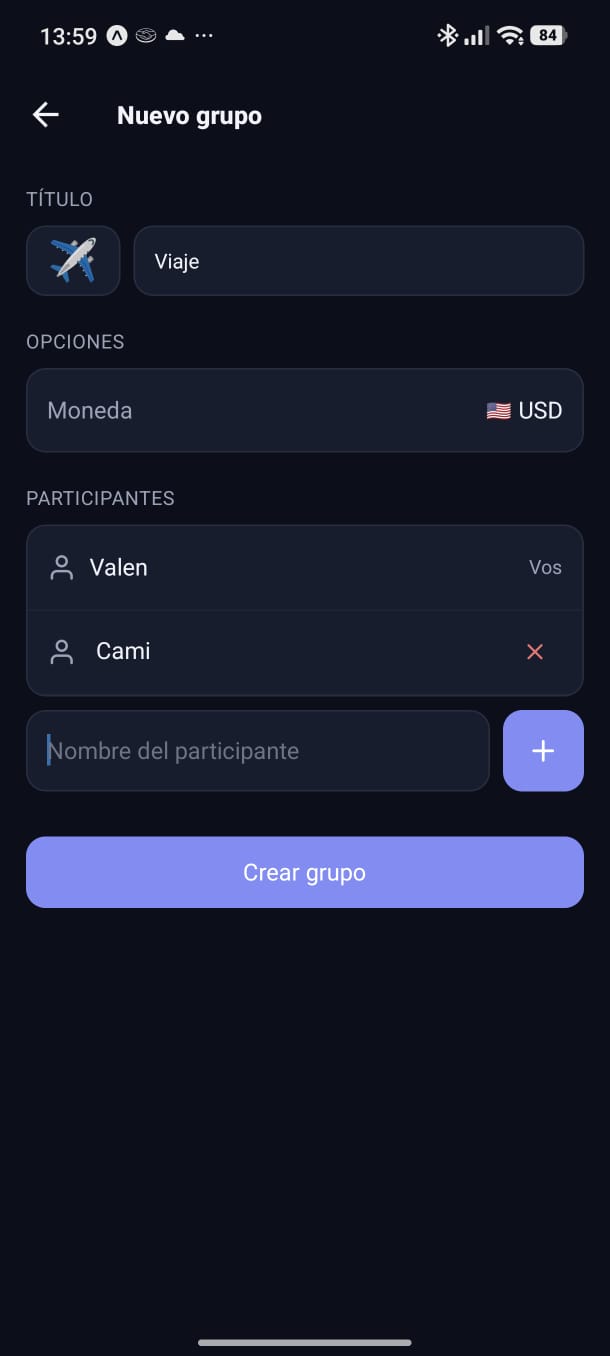 Pantalla para crear un nuevo grupo